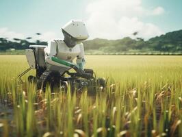 ai gerado uma robô é plantio arroz dentro a arroz Campos. agricultura verde tecnologia ai generativo foto