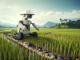 ai gerado uma robô é plantio arroz dentro a arroz Campos. agricultura verde tecnologia ai generativo foto