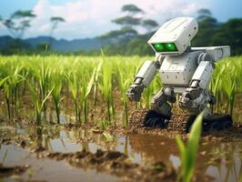 ai gerado uma robô é plantio arroz dentro a arroz Campos. agricultura verde tecnologia ai generativo foto