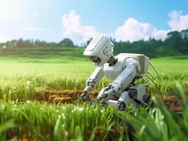 ai gerado uma robô é plantio arroz dentro a arroz Campos. agricultura verde tecnologia ai generativo foto