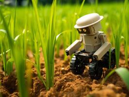 ai gerado uma robô é plantio arroz dentro a arroz Campos. agricultura verde tecnologia ai generativo foto