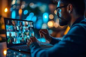 ai gerado homem participando dentro virtual encontro teleconferência com borrado cena foto