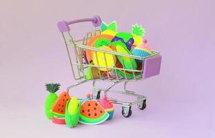 comprando alimentos dietéticos e frutas online. carrinho de compras foto