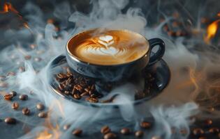 ai gerado uma vapor copo do café com leite arte café em repouso em uma de madeira superfície, cercado de café feijões e serapilheira, evocando uma esquentar, acolhedor atmosfera foto