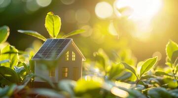 ai gerado uma modelo casa com uma verde folha em a cobertura é colocada Próximo para solar painéis com uma brilhante, iluminado pelo sol fundo, simbolizando ecológico energia soluções para inteligente casas foto