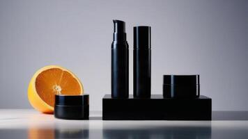 ai gerado lustroso cuidados com a pele produtos com etiquetas em uma Sombrio plataforma Próximo para uma fatiado laranja contra uma cinzento fundo. ficar de pé com cópia de espaço e Lugar, colocar para texto, brincar, modelo foto