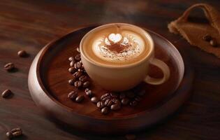 ai gerado uma vapor copo do café com leite arte café em repouso em uma de madeira superfície, cercado de café feijões e serapilheira, evocando uma esquentar, acolhedor atmosfera foto