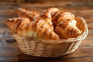 ai gerado recentemente cozido croissants dentro uma cesta em uma de madeira mesa foto