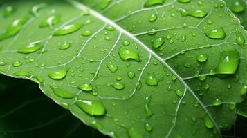 ai gerado uma fechar-se do uma verde folha com água gotas debaixo luz solar, destacando a intrincado padrões e fresco aparência do a folhagem foto