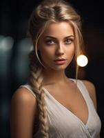 ai gerado mulher com grandes cabelo dentro branco vestir foto