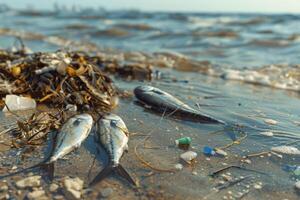 ai gerado de Meio Ambiente impacto industrial atividade, óleo águas residuais é derramar em praia, morto peixes em costa foto