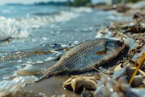 ai gerado de Meio Ambiente impacto industrial atividade, óleo águas residuais é derramar em praia, morto peixes em costa foto