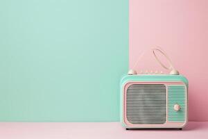 ai gerado retro rádio em pastel fundo, música gravador, nostalgia, mundo amador rádio dia, espaço para texto foto