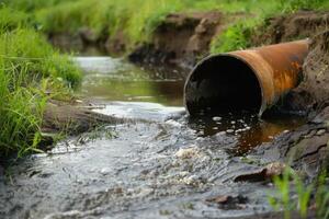 ai gerado água poluição, meio Ambiente contaminação. contaminado água, sujo esgoto fluxos a partir de tubo foto