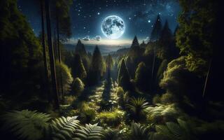 ai gerado cheio lua dentro a denso floresta às noite. foto