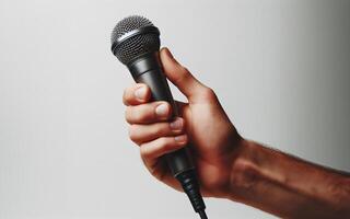 ai gerado mão segurando microfone a do cantor braços estão estendido avançar, a fundo é branco. foto