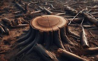 ai gerado toco a árvore tem fui cortar abaixo, deixando somente a toco. destrutivo floresta fundo. corte baixa árvores desmatamento. foto