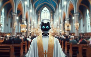 ai gerado robô sacerdote dentro igreja. moderno mundo. artificial inteligência substituição conceito. robô Como espiritual líder. foto