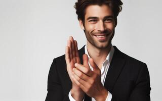 ai gerado jovem homem de negocios batendo palmas, sorridente, parabenizando, branco fundo foto