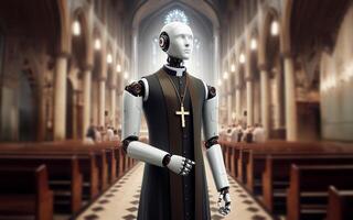 ai gerado robô sacerdote dentro igreja. moderno mundo. artificial inteligência substituição conceito. robô Como espiritual líder. foto