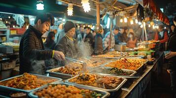 ai gerado gosto do Ásia às a noite mercado, vibrante cena com diverso ásia rua alimentos a partir de eco-consciente fornecedores, enfatizando tradicional e moderno sabores. foto