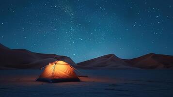 ai gerado experiência a Magia do deserto acampamento com uma céu cheio do estrelas a sobrecarga e a Paz do natureza foto