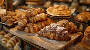 ai gerado artesão cozimento, fresco fermento pães, escamoso croissants, e gourmet pastelaria elegantemente apresentado dentro uma caloroso padaria contexto. foto