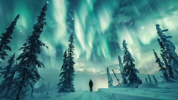 ai gerado experiência a Magia do a aurora boreal com uma solitário aventura entre Nevado região selvagem e celestial monitores foto