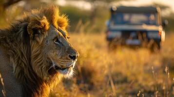 ai gerado safári aventura, observando uma majestoso leão acima fechar dentro Está natural habitat, com a essência do africano animais selvagens conservação esforços foto