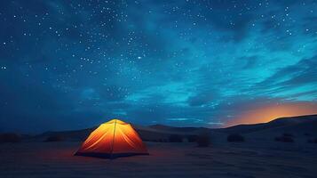 ai gerado experiência a Magia do deserto acampamento com uma céu cheio do estrelas a sobrecarga e a Paz do natureza foto