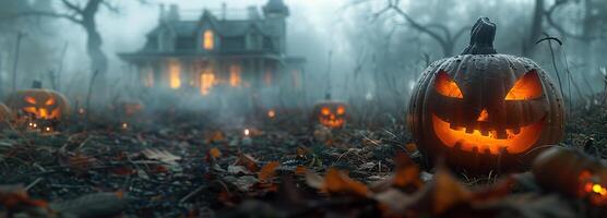 ai gerado dia das Bruxas mistério revelado, uma assustador, cheio de neblina cena com estranho jack-o'-lanterns e uma assustador silhueta do uma assombrada casa, perfeito para uma arrepiante noite. foto