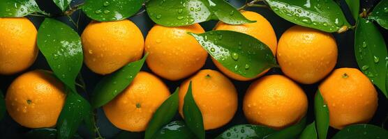 ai gerado suculento laranja com folhas, destacando a detalhado padrões e refrescante gotas do água em uma ricamente colori citrino fruta fundo foto