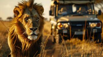 ai gerado safári aventura, observando uma majestoso leão acima fechar dentro Está natural habitat, com a essência do africano animais selvagens conservação esforços foto