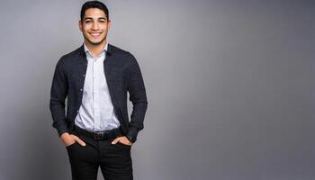 ai gerado retrato do sorridente confiante masculino empreendedor com mãos dentro bolsos posando em cinzento fundo, uma homem é em pé com dele mãos dentro dele bolsos, olhando em linha reta adiante foto