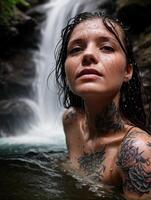 ai gerado uma mulher com múltiplo tatuagens em seus ombros e braços, submerso dentro água acima para seus ombros, com uma cascata dentro a fundo foto