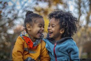 ai gerado alegre crianças rindo ao ar livre foto