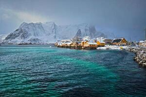 amarelo rorbu casas, lofoten ilhas, Noruega foto