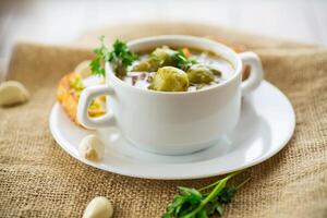 quente cozinhou sopa com Bruxelas brotos, legumes e croutons, dentro uma placa. foto