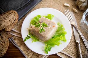 fervido frango carne aspic dentro carne gelatina caldo dentro uma prato foto