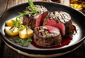 ai gerado carne bifes com espargos e balsâmico vinagre. ai generativo foto