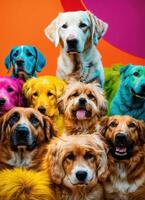 ai gerado grupo do cachorros dentro uma colorida peruca. seletivo foco. tonificado. ai generativo foto