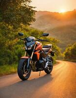 ai gerado motociclista equitação uma motocicleta em uma país estrada às pôr do sol. ai generativo foto