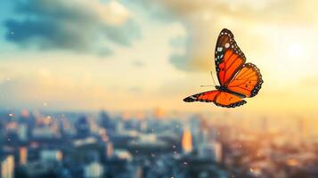 ai gerado vibrante monarca borboleta dentro afiado foco contra uma borrado cidade Horizonte às pôr do sol, simbolizando urbano natureza e a conceito do liberdade foto