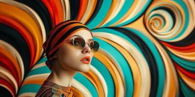 ai gerado à moda mulher com uma colorida lenço de cabeça e volta oculos de sol posando contra uma vibrante abstrato redemoinho pano de fundo, evocando uma contemporâneo, multicultural moda estético foto