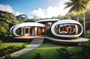 ai gerado moderno cápsula estilo conceito casa integrado dentro floresta tropical e natureza, arquitetura fundo, eco verde casa foto