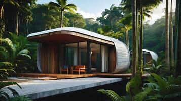 ai gerado moderno cápsula estilo conceito casa integrado dentro floresta tropical e natureza, arquitetura fundo, eco verde casa foto