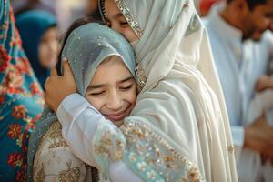 ai gerado muçulmano família abraço dentro eid Mubarak celebração foto