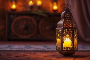 ai gerado ouro Ramadã lanterna e velas. luminária com árabe decoração foto