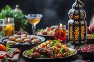 ai gerado Ramadã Comida e bebidas conceito. Ramadã chá e datas frutas em Sombrio fundo foto