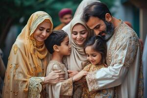 ai gerado família perdoando e se desculpando cada outro. eid Mubarak foto